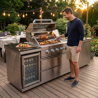 Outdoor Kitchen Island Built for Patio Cooking, 104 Inch Gas Grill, Stainless Steel Sink, Compact Refrigerator — Lifestyle
