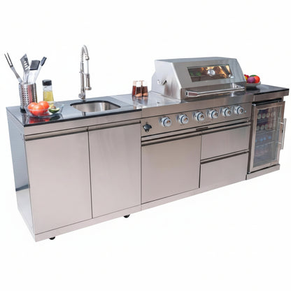 BBQ Island Outdoor Kitchen Kits, 4-Burner 72000 BTU Stainless Steel Modular 98 Inch Natural Gas Outdoor Kitchen Bar Barbecue Island Grill with Refrigerator and Sink for Patio Backyard