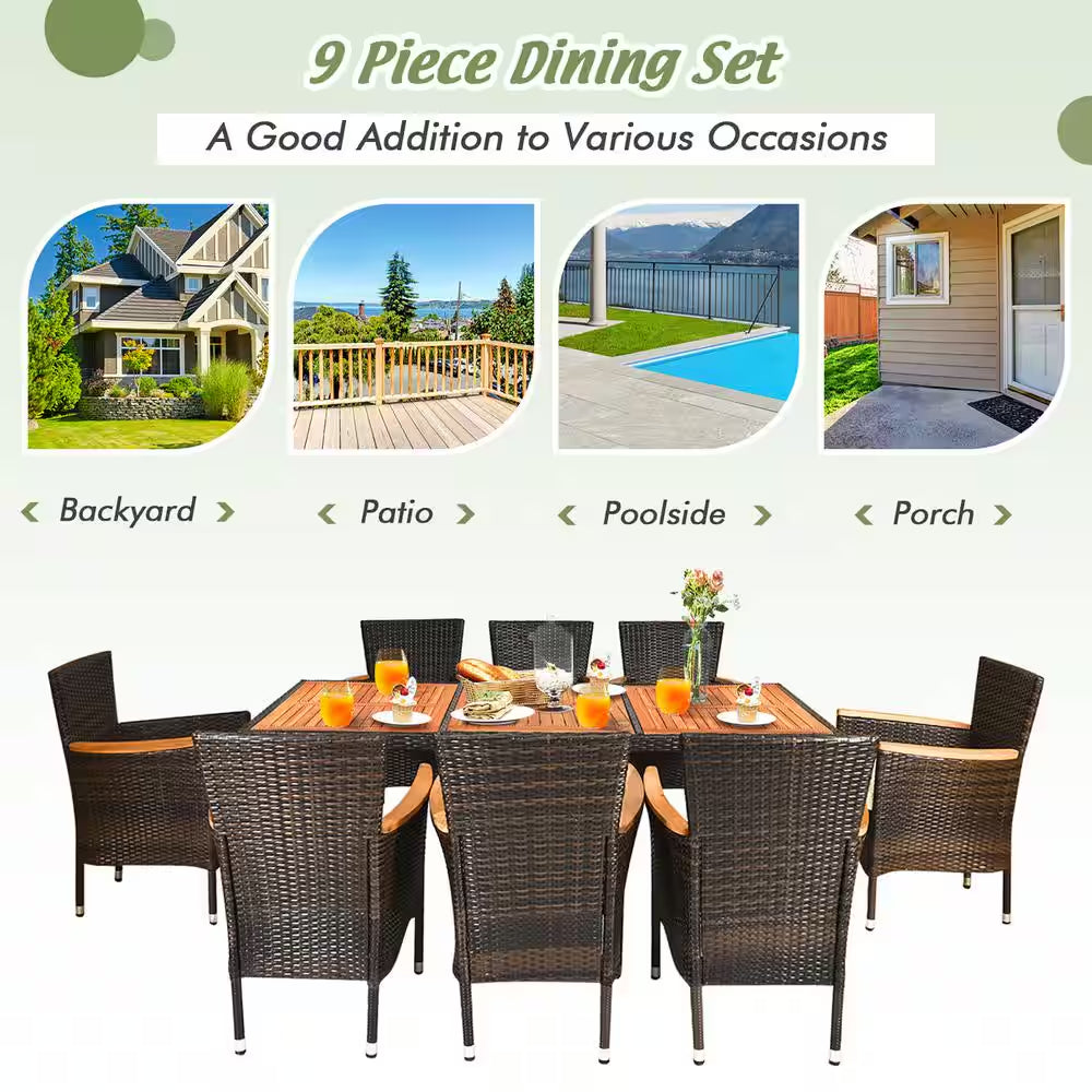9-Piece Wicker Outdoor Dining Set with Acacia Wood Table and Stackable Cushioned Chairs Dining Set in Off-White