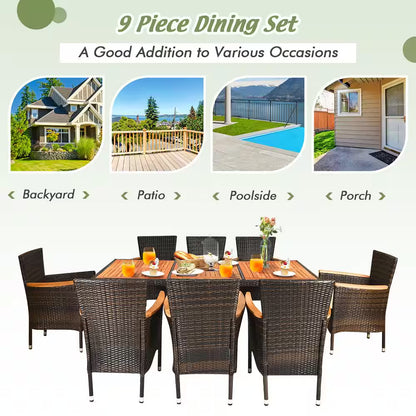 9-Piece Wicker Outdoor Dining Set with Acacia Wood Table and Stackable Cushioned Chairs Dining Set in Off-White
