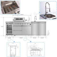 Modular Outdoor Kitchen BBQ Island, 104" Outdoor Kitchen Propane Gas Island Grill with Sink, Compact Refrigerator, Storage Cabinets, Rotisserie Kit (Silver, 104")