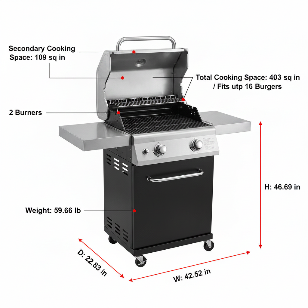 Propane Gas Grill Built for Compact Outdoor Cooking, 2 Burner 28,000 BTU, 403 Sq In, Stainless Steel