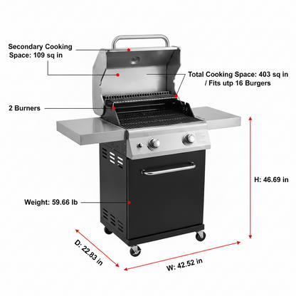 Propane Gas Grill Built for Compact Outdoor Cooking, 2 Burner 28,000 BTU, 403 Sq In, Stainless Steel