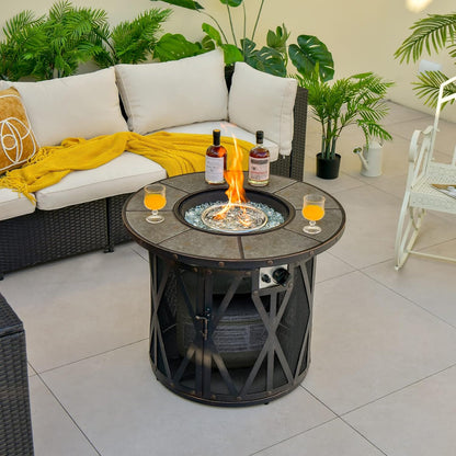 32 Inch Patio round Fire Pit Table, Patiojoy 30,000 BTU Propane Gas Fire Table with Fire Glasses & PVC Cover, Ceramic Tile Tabletop, Outdoor Fire Table for Backyard, Poolside