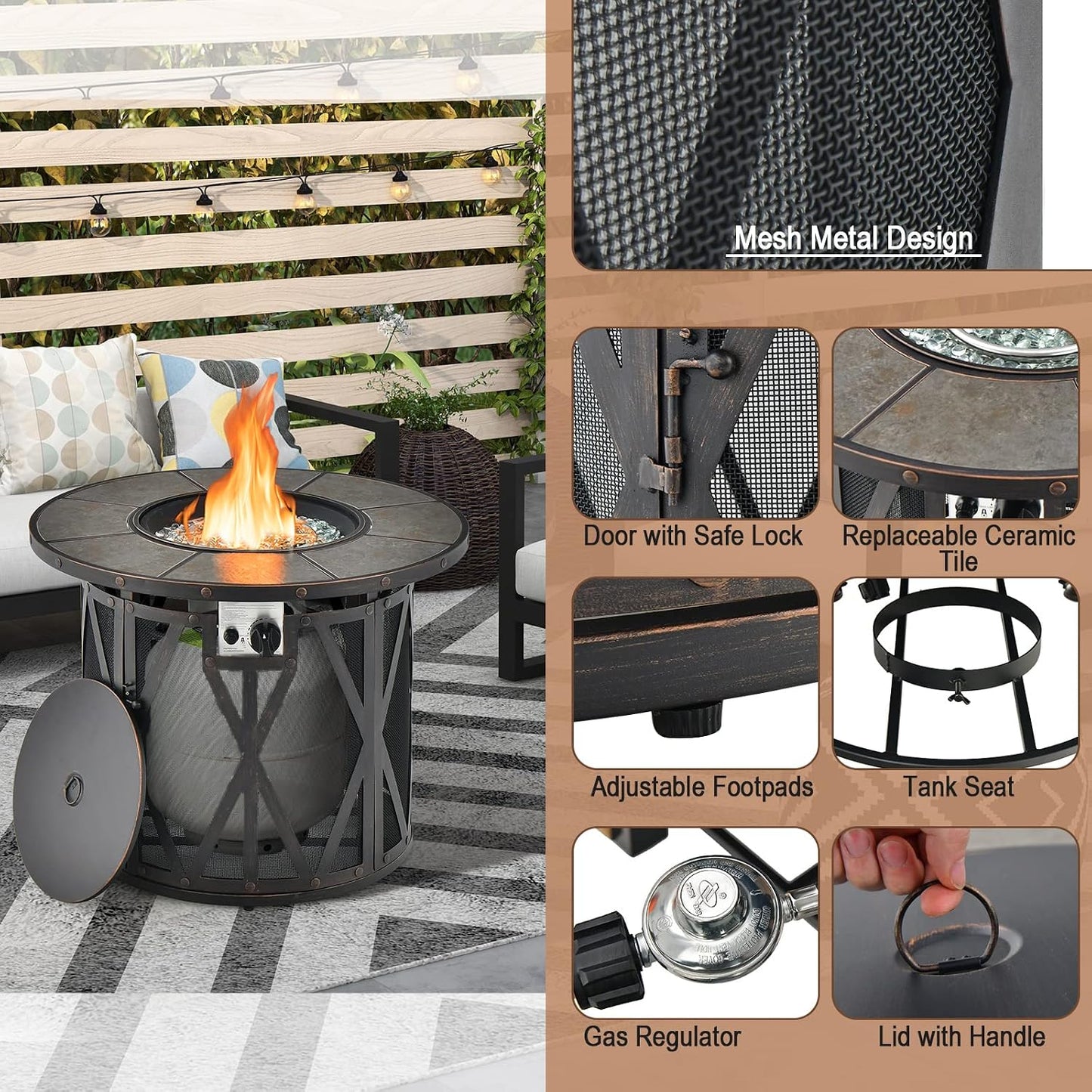32 Inch Patio round Fire Pit Table, Patiojoy 30,000 BTU Propane Gas Fire Table with Fire Glasses & PVC Cover, Ceramic Tile Tabletop, Outdoor Fire Table for Backyard, Poolside