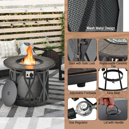 32 Inch Patio round Fire Pit Table, Patiojoy 30,000 BTU Propane Gas Fire Table with Fire Glasses & PVC Cover, Ceramic Tile Tabletop, Outdoor Fire Table for Backyard, Poolside