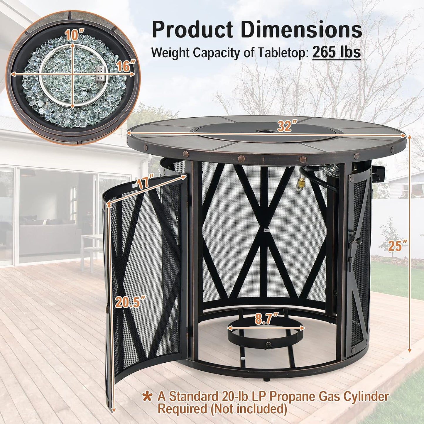 32 Inch Patio round Fire Pit Table, Patiojoy 30,000 BTU Propane Gas Fire Table with Fire Glasses & PVC Cover, Ceramic Tile Tabletop, Outdoor Fire Table for Backyard, Poolside