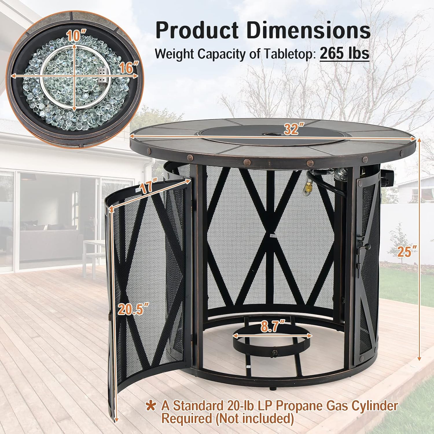 32 Inch Patio round Fire Pit Table, Patiojoy 30,000 BTU Propane Gas Fire Table with Fire Glasses & PVC Cover, Ceramic Tile Tabletop, Outdoor Fire Table for Backyard, Poolside