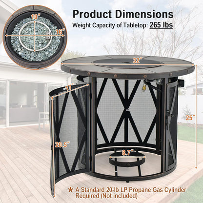 32 Inch Patio round Fire Pit Table, Patiojoy 30,000 BTU Propane Gas Fire Table with Fire Glasses & PVC Cover, Ceramic Tile Tabletop, Outdoor Fire Table for Backyard, Poolside