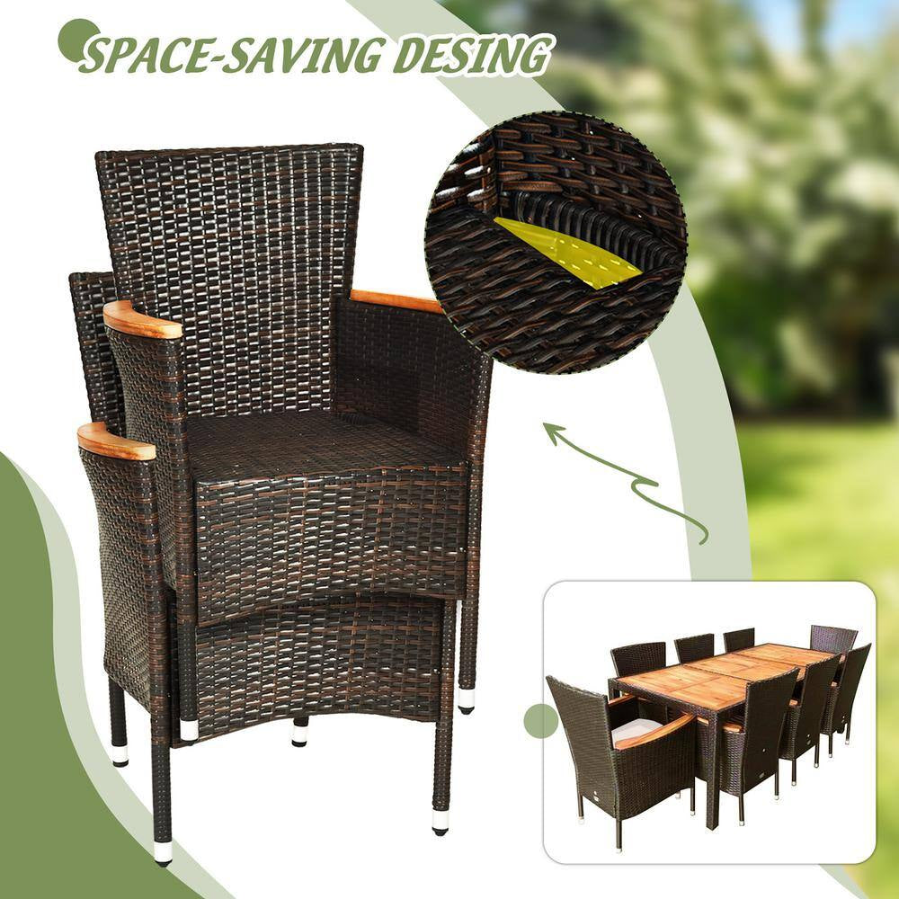 9-Piece Wicker Outdoor Dining Set with Acacia Wood Table and Stackable Cushioned Chairs Dining Set in Off-White