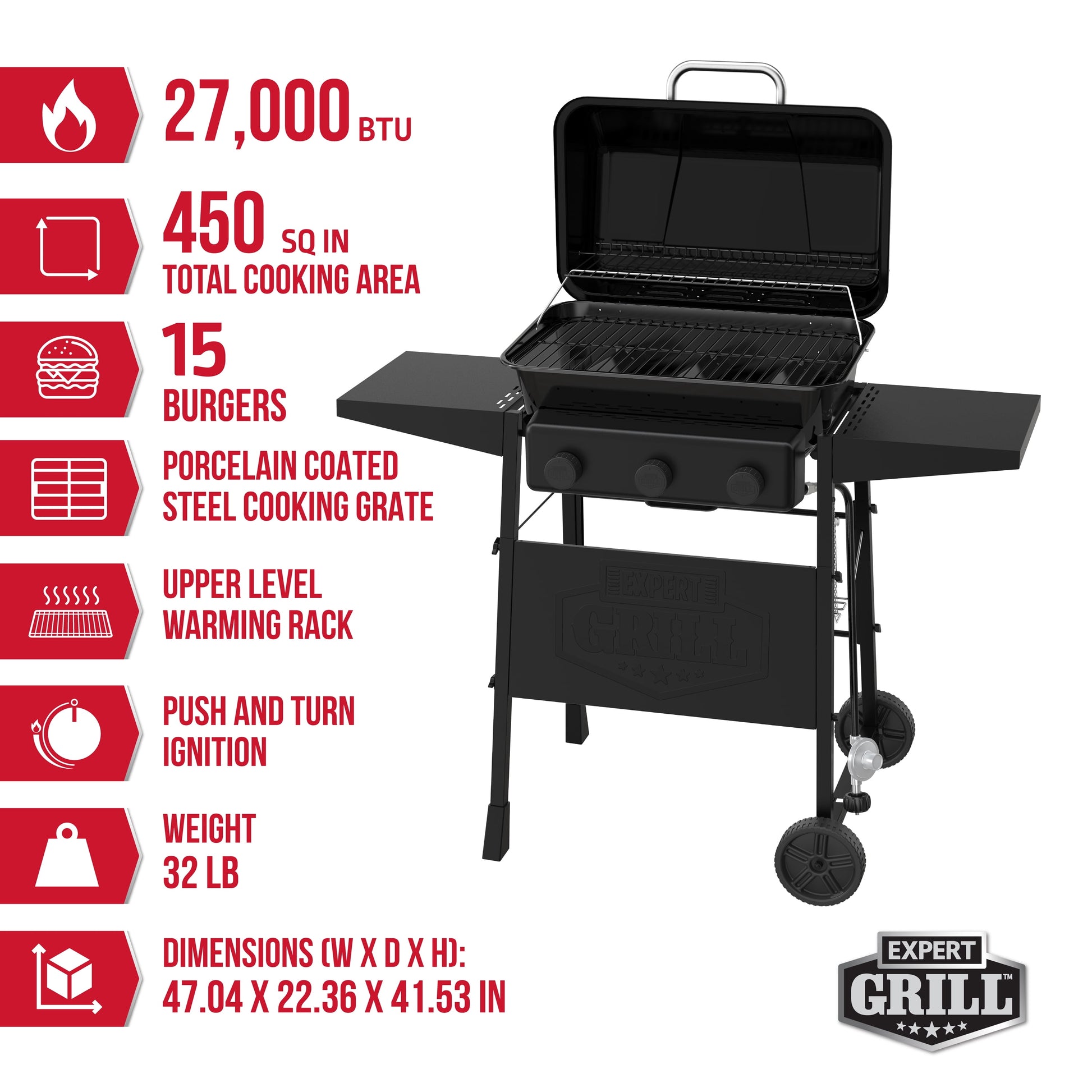 3-Burner Propane Gas Grill with Wheels and Side Shelves, Black