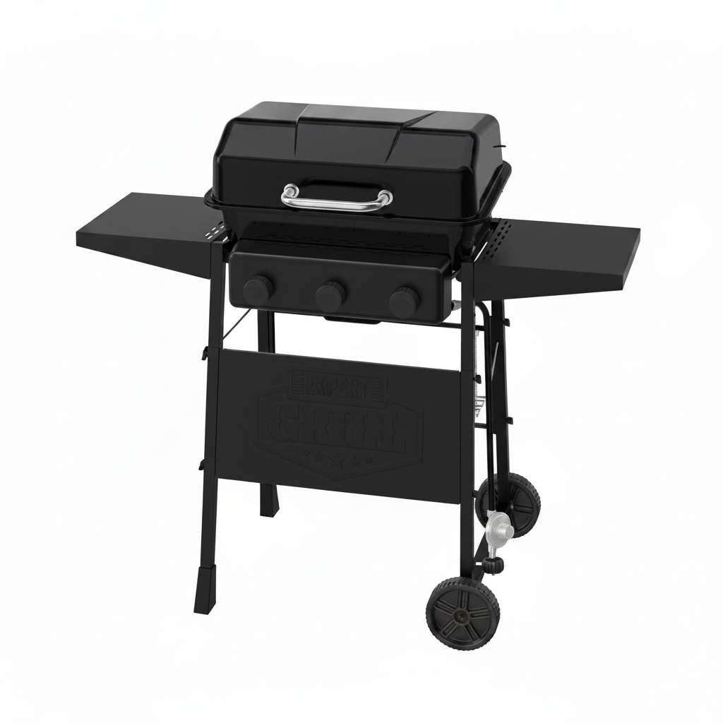 3-Burner Propane Gas Grill with Wheels and Side Shelves, Black