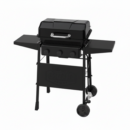 3-Burner Propane Gas Grill with Wheels and Side Shelves, Black