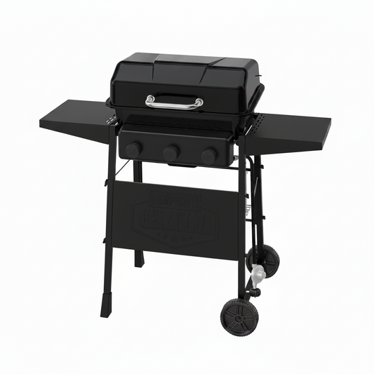 3-Burner Propane Gas Grill with Wheels and Side Shelves, Black
