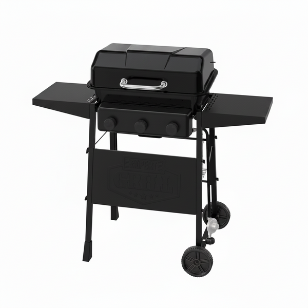 3-Burner Propane Gas Grill with Wheels and Side Shelves, Black