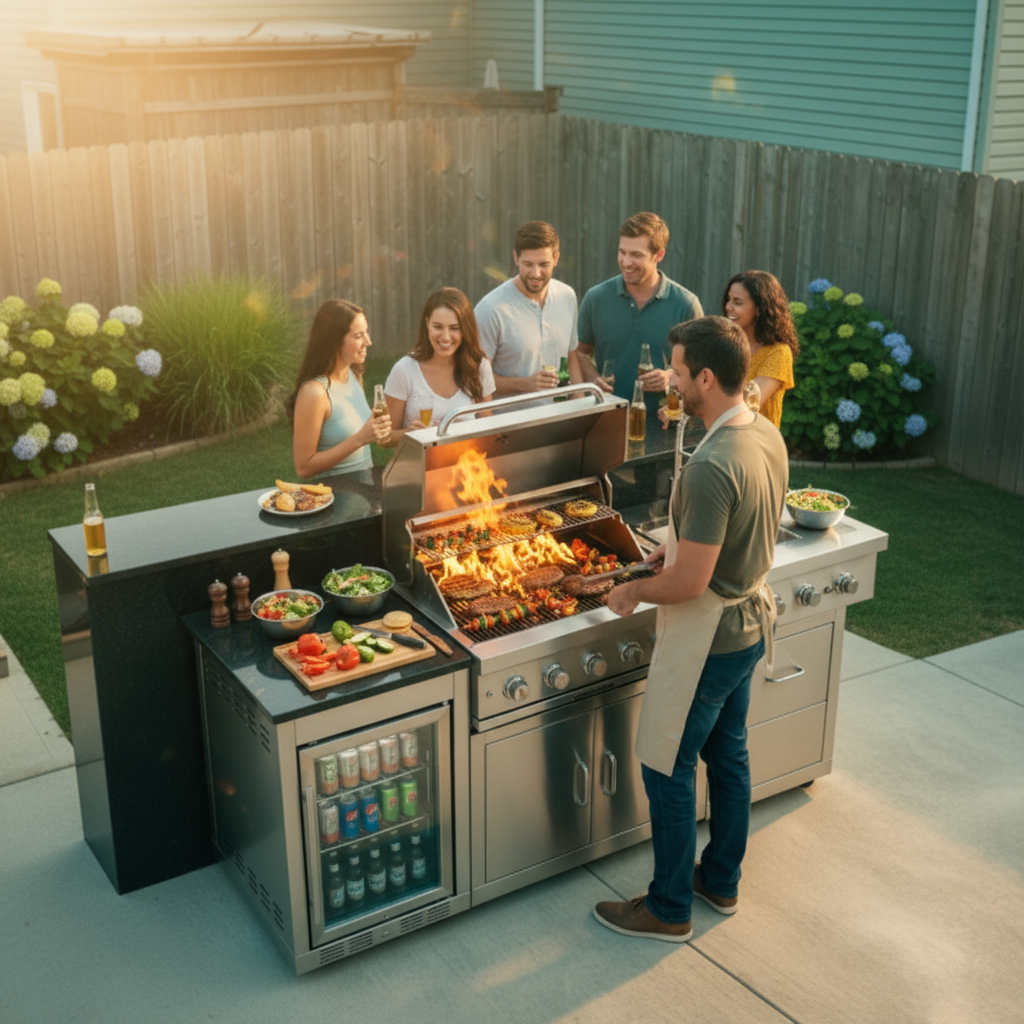 Outdoor Kitchen Grill Designed for Complete Backyard Cooking, 4-Burner 72000 BTU, Stainless Steel, Built-In Refrigerator