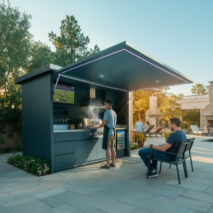 Customized Multi Functional Outdoor Kitchen BBQ Pod with Shelter Moisture Resistant Stainless Steel Outdoor Kitchen Patio Shed