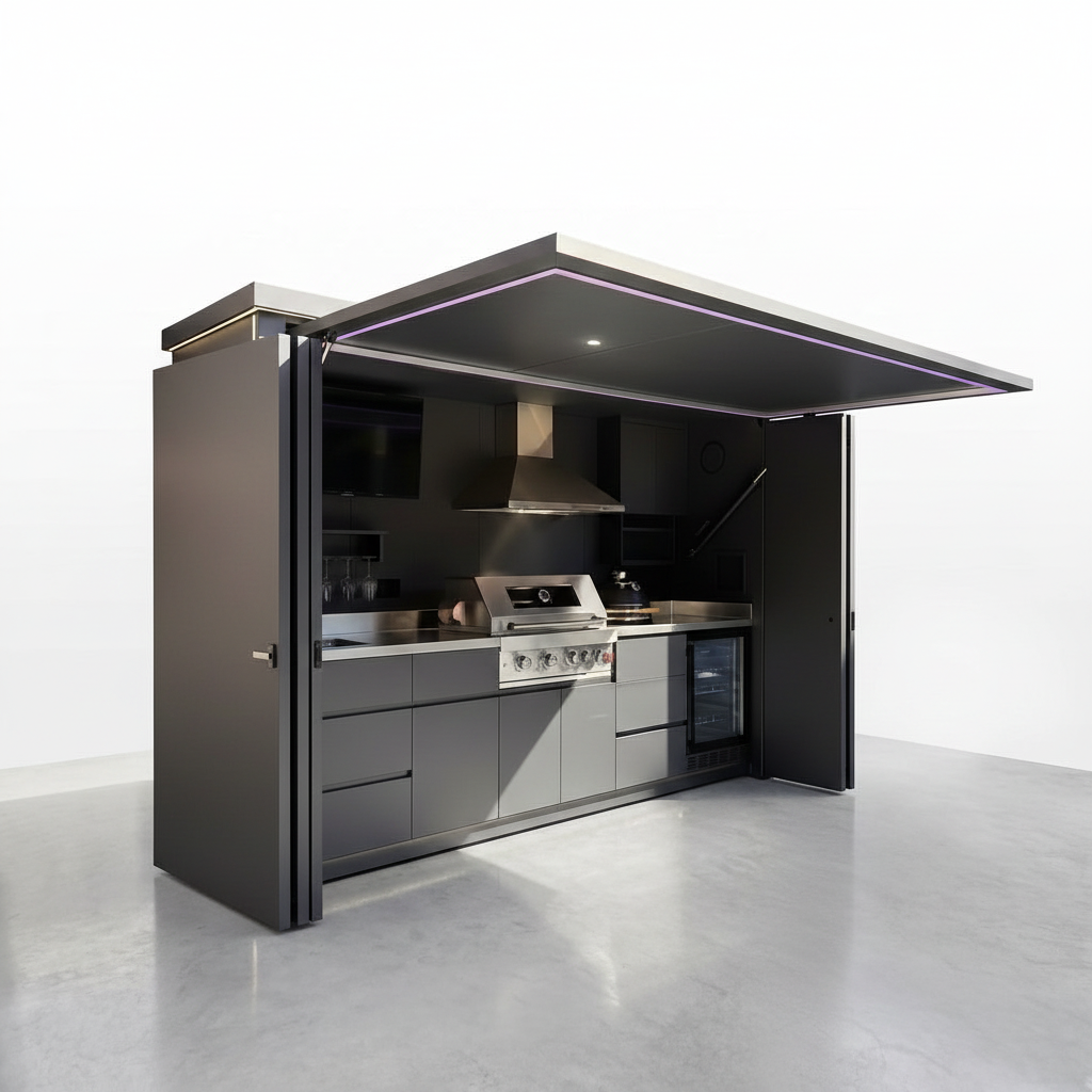 Customized Multi Functional Outdoor Kitchen BBQ Pod with Shelter Moisture Resistant Stainless Steel Outdoor Kitchen Patio Shed