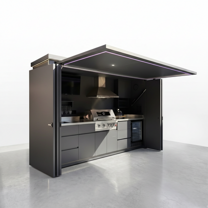 Customized Multi Functional Outdoor Kitchen BBQ Pod with Shelter Moisture Resistant Stainless Steel Outdoor Kitchen Patio Shed