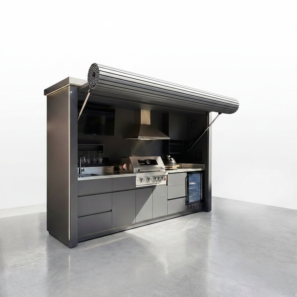 Customized Multi Functional Outdoor Kitchen BBQ Pod with Shelter Moisture Resistant Stainless Steel Outdoor Kitchen Patio Shed